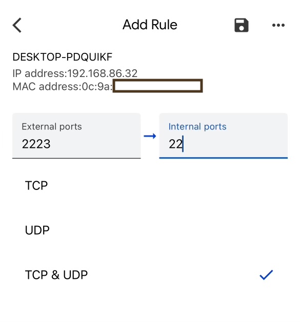 Port forwarding dialog in Google Home app